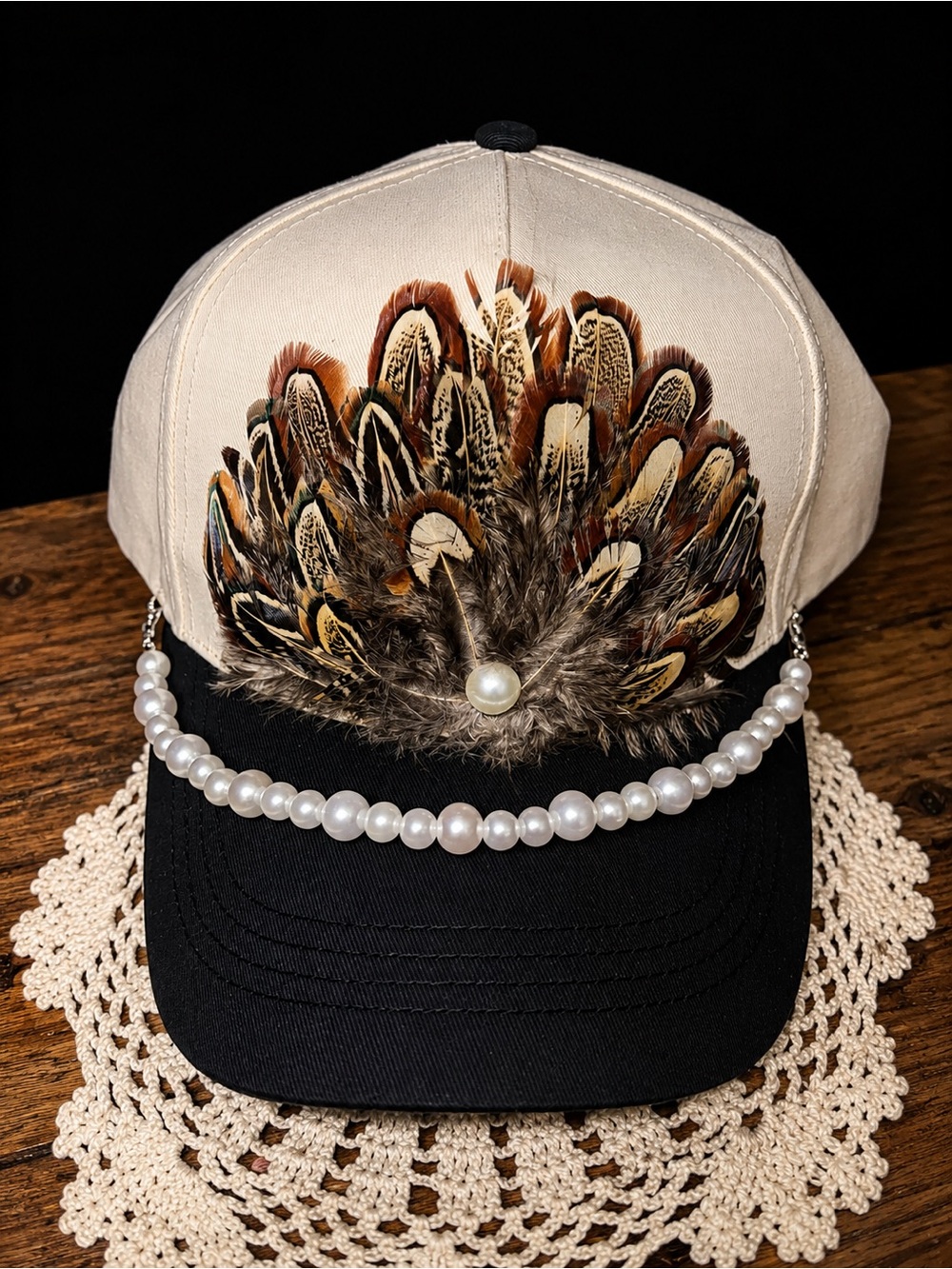 Beaded Feather Accent Baseball Cap - Cream & Black